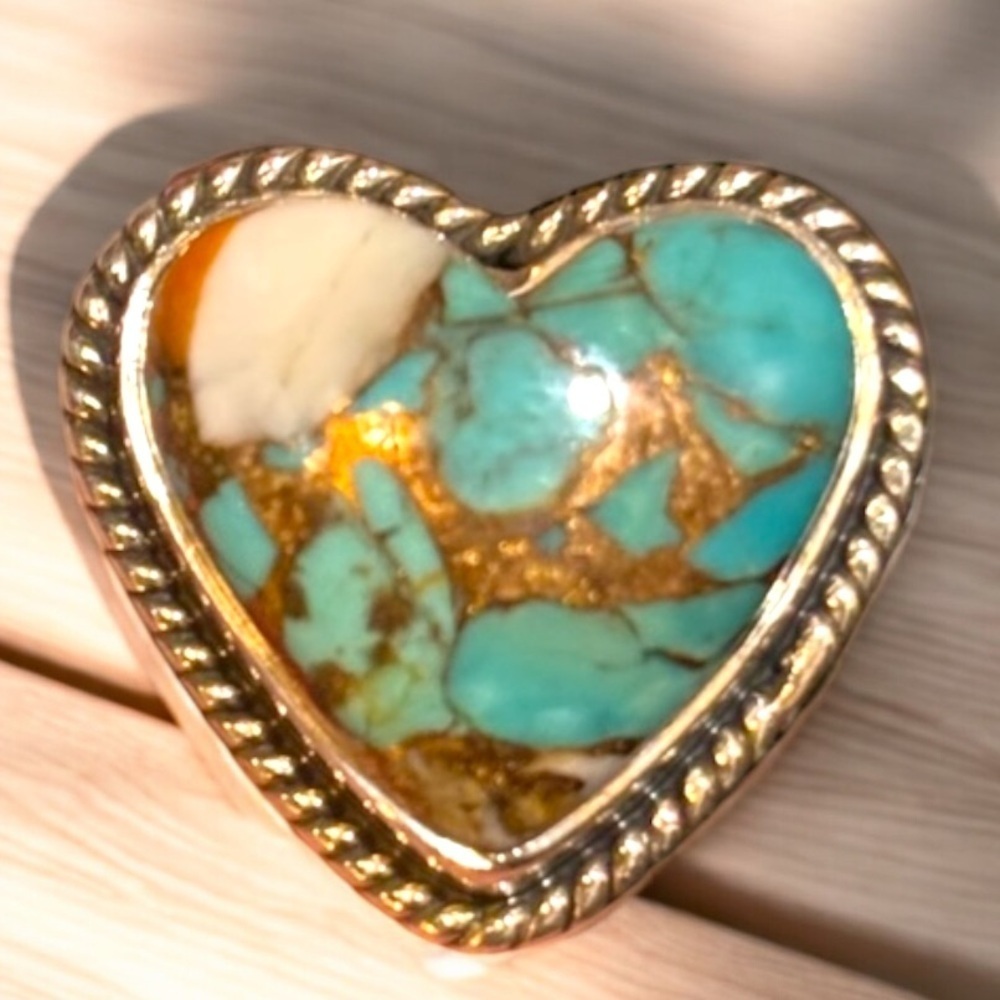 Heart Shaped Turquoise spiny oyster copper sterling silver statement ring NWT